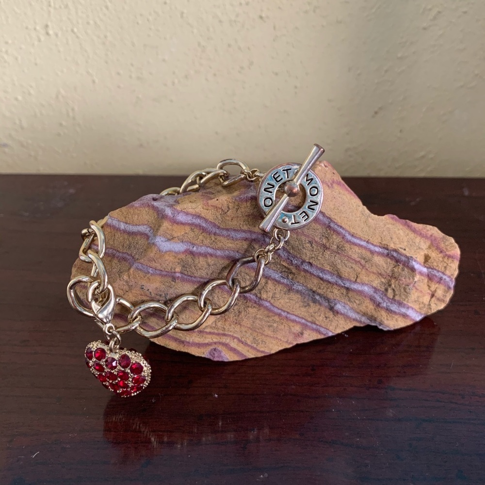 Monet Gold-Tone Chain Bracelet with Red Crystal Heart Charm